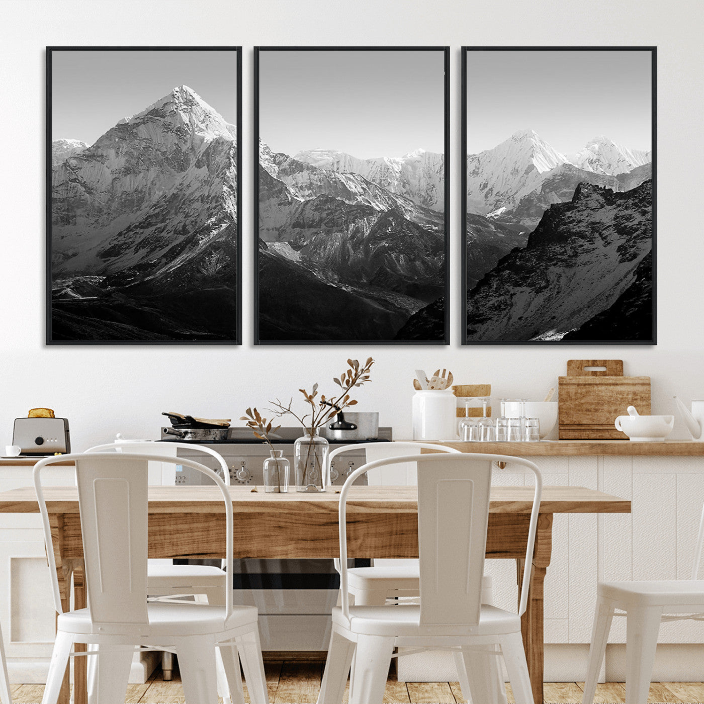 MGV-FC-60X30-3P - Everest Himalaya Mountain Peaks Black & White Triptych Canvas Art – Mountain Wall Decor for Minimalist Interiors