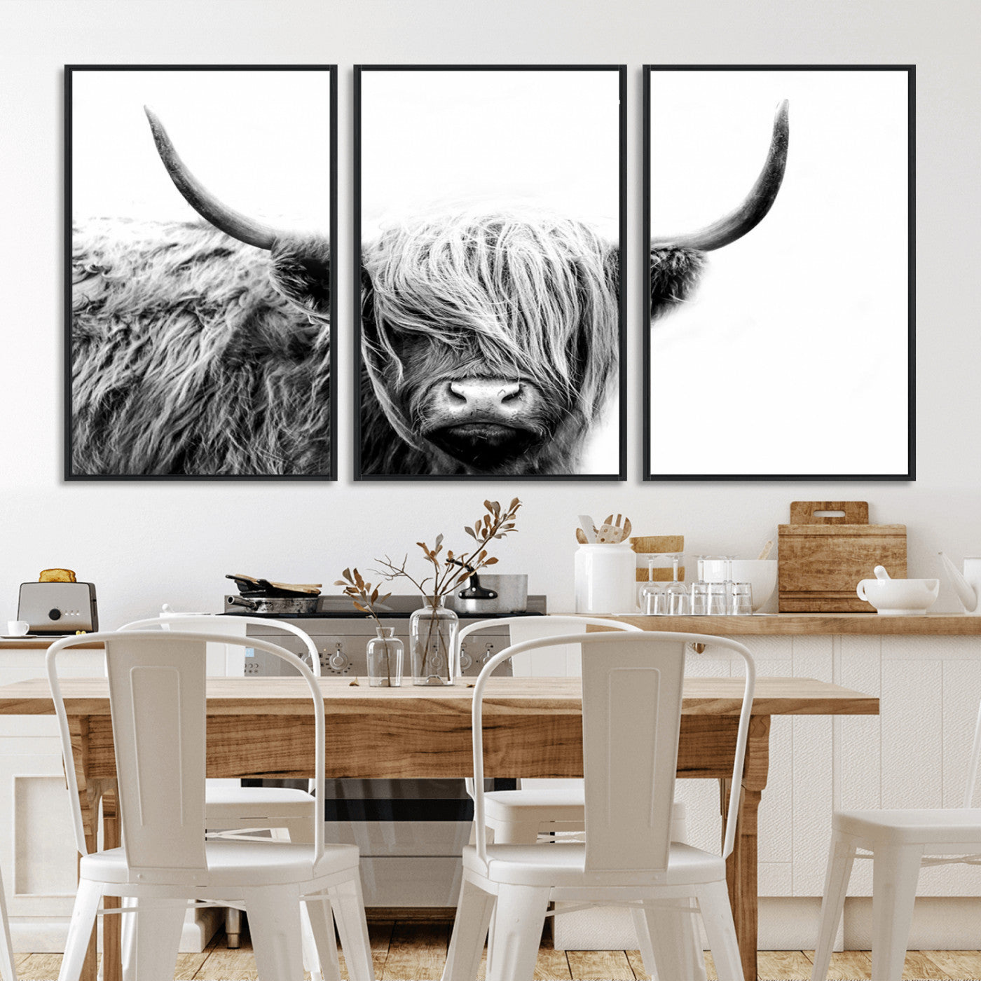 MGV-FC-60X30-3P - Black White Scottish Highland Cow Cattle Art Print Farmhouse Wall Art Canvas Print