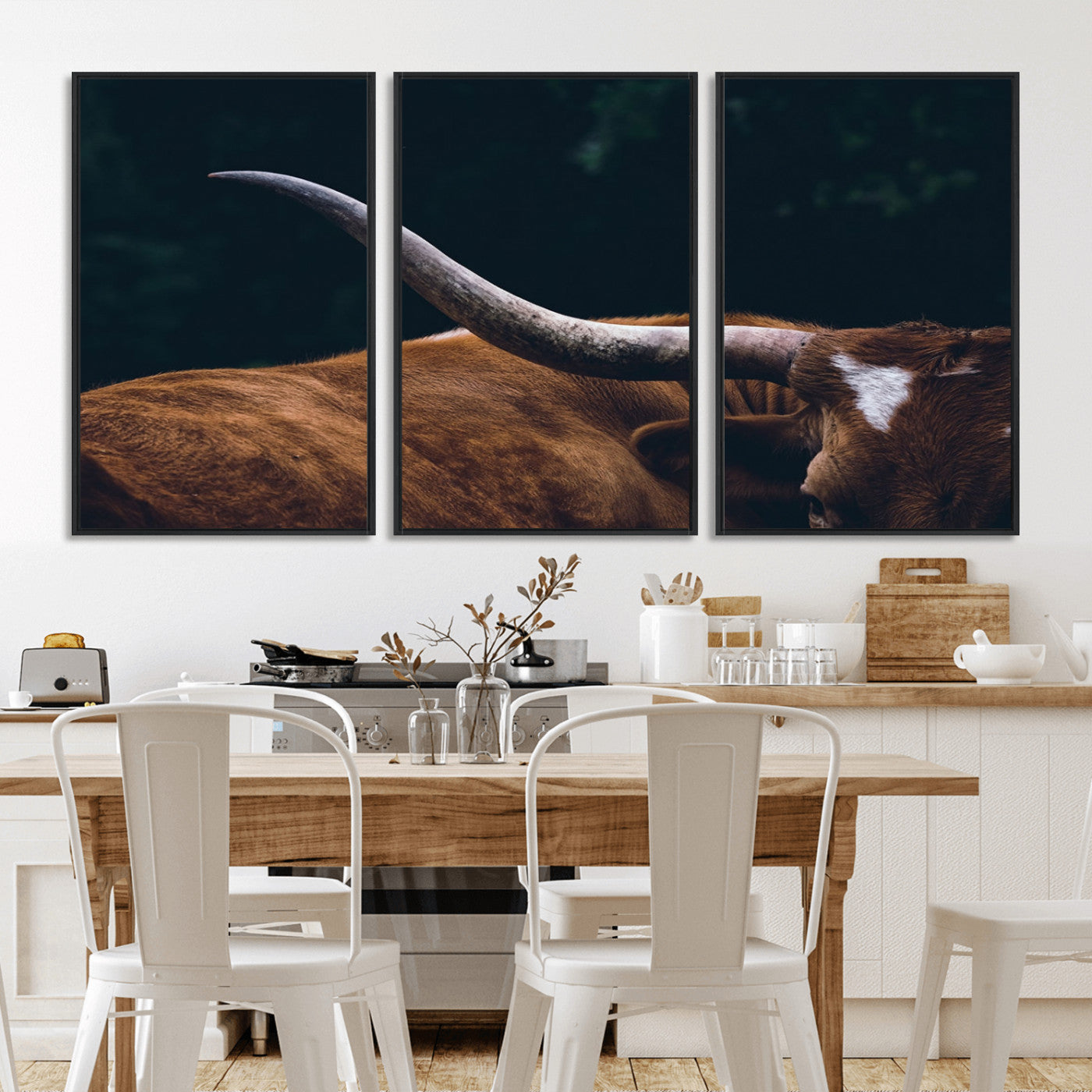 MGV-FC-60X30-3P - Texas Longhorn Bull Wall Art Canvas Print - Large Framed Canvas Wall Art, Animal Print for Rustic Home or Office Décor, Farmhouse Cabin Wall Decor