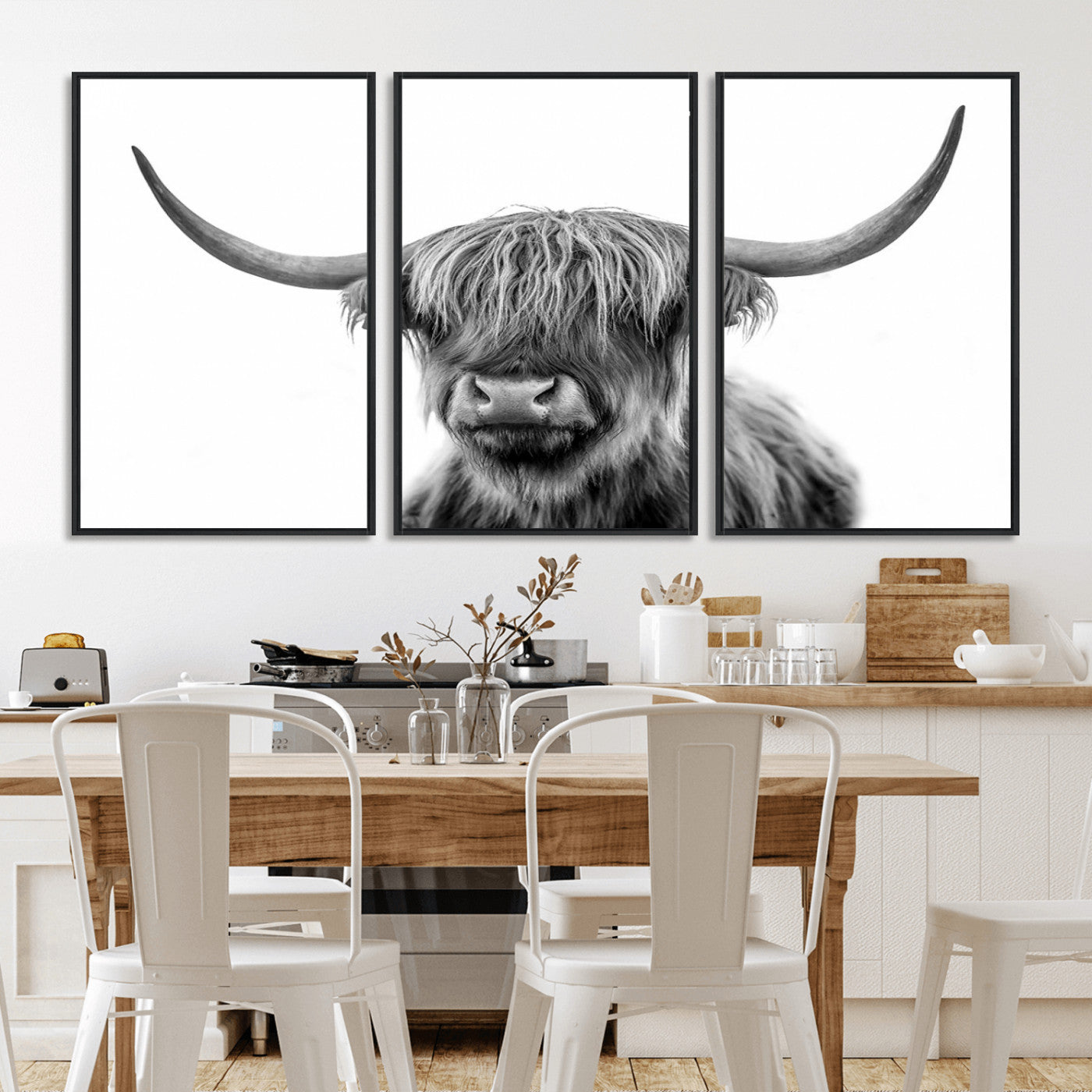 MGV-FC-60X30-3P - Grayscale Scottish Highland Cow Cattle Art Print Farmhouse Wall Art Canvas Print