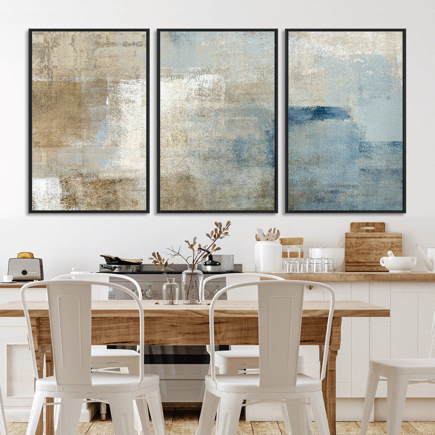 MGV-FC-60X30-3P - Abstract Blue and Beige Wall Art, Modern Minimalist Canvas Print Set, Giclee Textured Art, Large Multi-Panel Artwork for Living Room