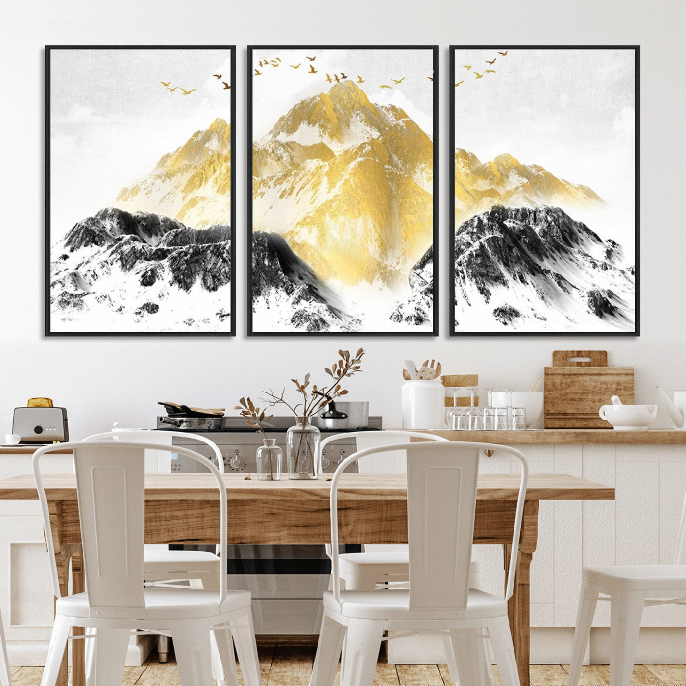 MGV-FC-60X30-3P - Golden Mountain Triptych Wall Art, Modern Giclee Canvas Print, Nature Landscape Decor for Living Room, Contemporary Gold and Black Wall Art