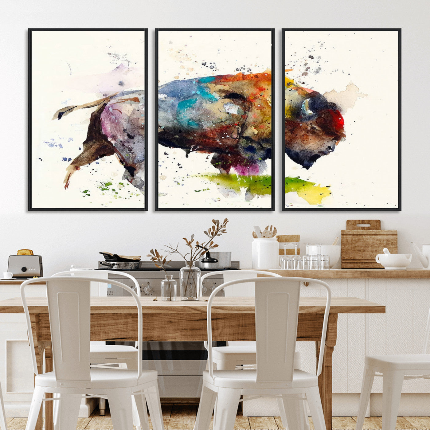 MGV-FC-60X30-3P - Abstract Buffalo Wall Art, Western Watercolor Bison Canvas Print, Rustic Buffalo Art for Cowboy and Western Decor, Large Multi-Panel Giclee Canvas