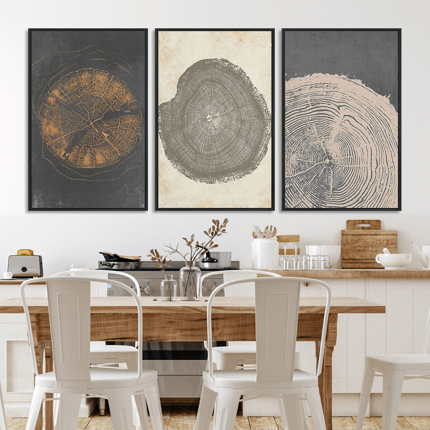 MGV-FC-60X30-3P - Boho Tree Ring Wall Art, Modern Minimalist Wood Grain Canvas, Tree Slice for Rustic Decor, Farmhouse Decor Giclee Canvas Print, Tree Ring Canvas Set