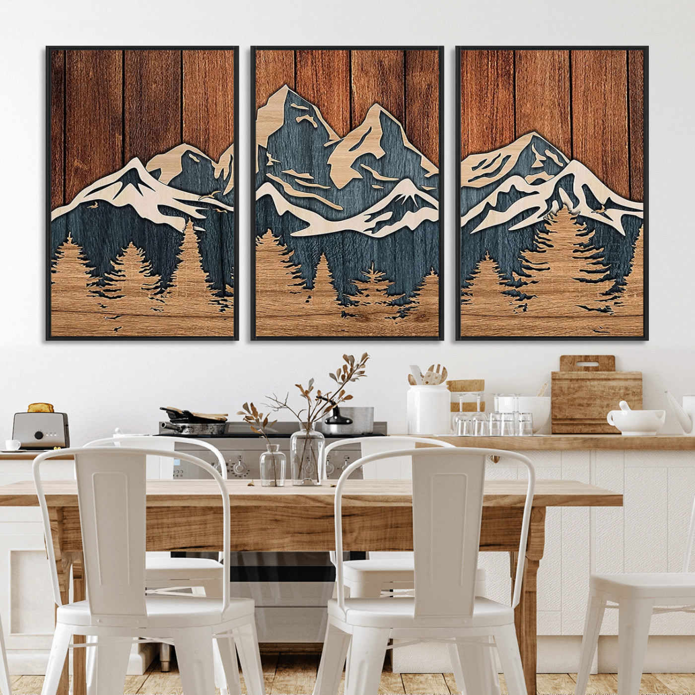 MGV-FC-60X30-3P - Rustic Wood Style Mountain Wall Art, Nature Forest Canvas Print, Wooden Textured Mountain Artwork, Handcrafted Landscape Decor for Farmhouse Decor