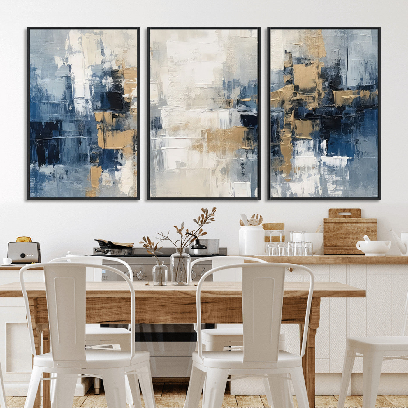 MGV-FC-60X30-3P - Modern Abstract Canvas Wall Art in Blue and Gold Tones | Large Contemporary Art for Living Room, Office, or Bedroom Décor