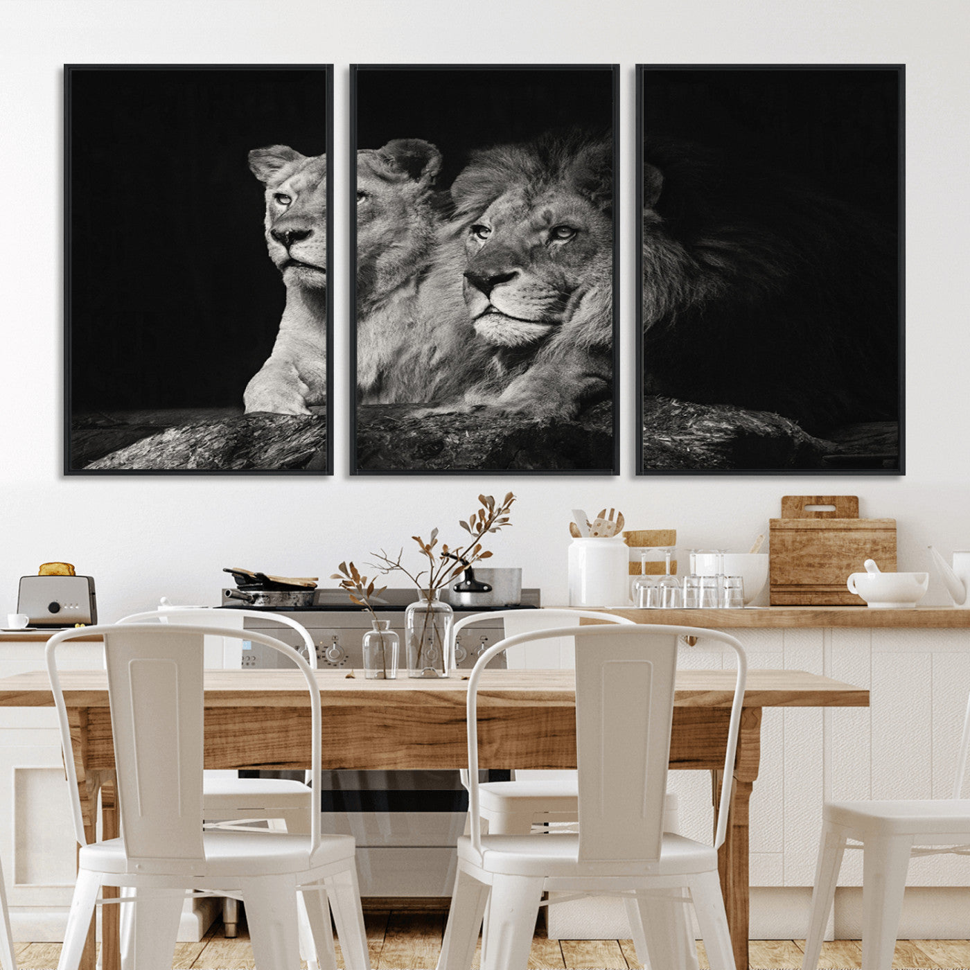 MGV-FC-60X30-3P - Lion Couple Canvas Wall Art Print – Elegant Wildlife Portrait in Black and White Lion Family – Ready to Hang