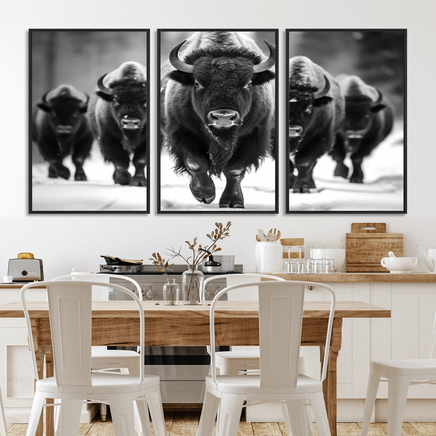MGV-FC-60X30-3P - American Bison Art | Buffalo Herd Wall Art Canvas Print, BW American Bison Herd Wall Art Canvas Print