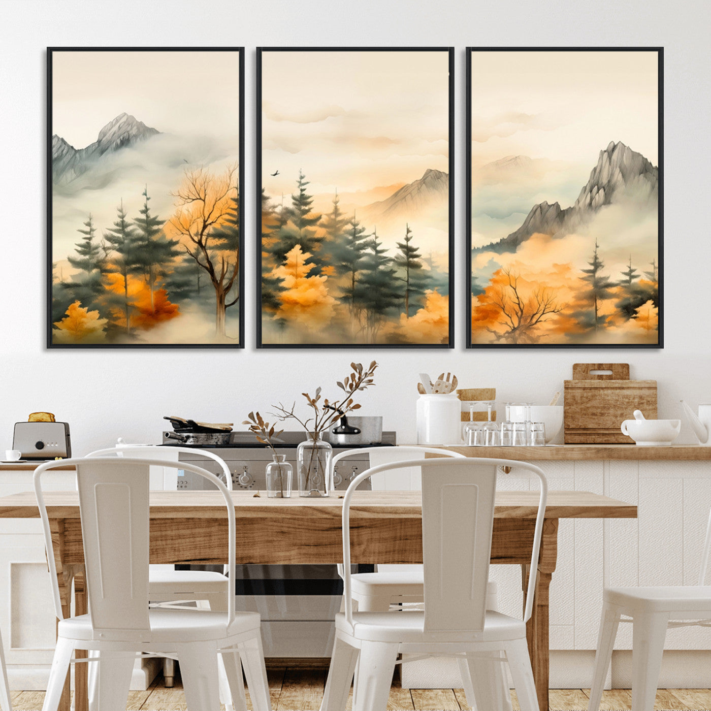 MGV-FC-60X30-3P - Abstract Watercolor Mountains and Trees Autumn Art, Watercolor Mountains and Trees Canvas Print