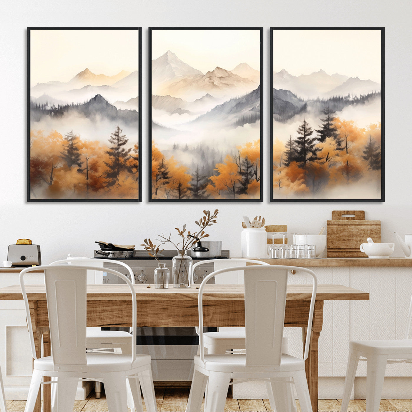 MGV-FC-60X30-3P - Mountain and Forest Landscape Wall Art | Misty Autumn Forest and Mountains Canvas Print for Living Room, Bedroom, Office | Large Wall Art Decor