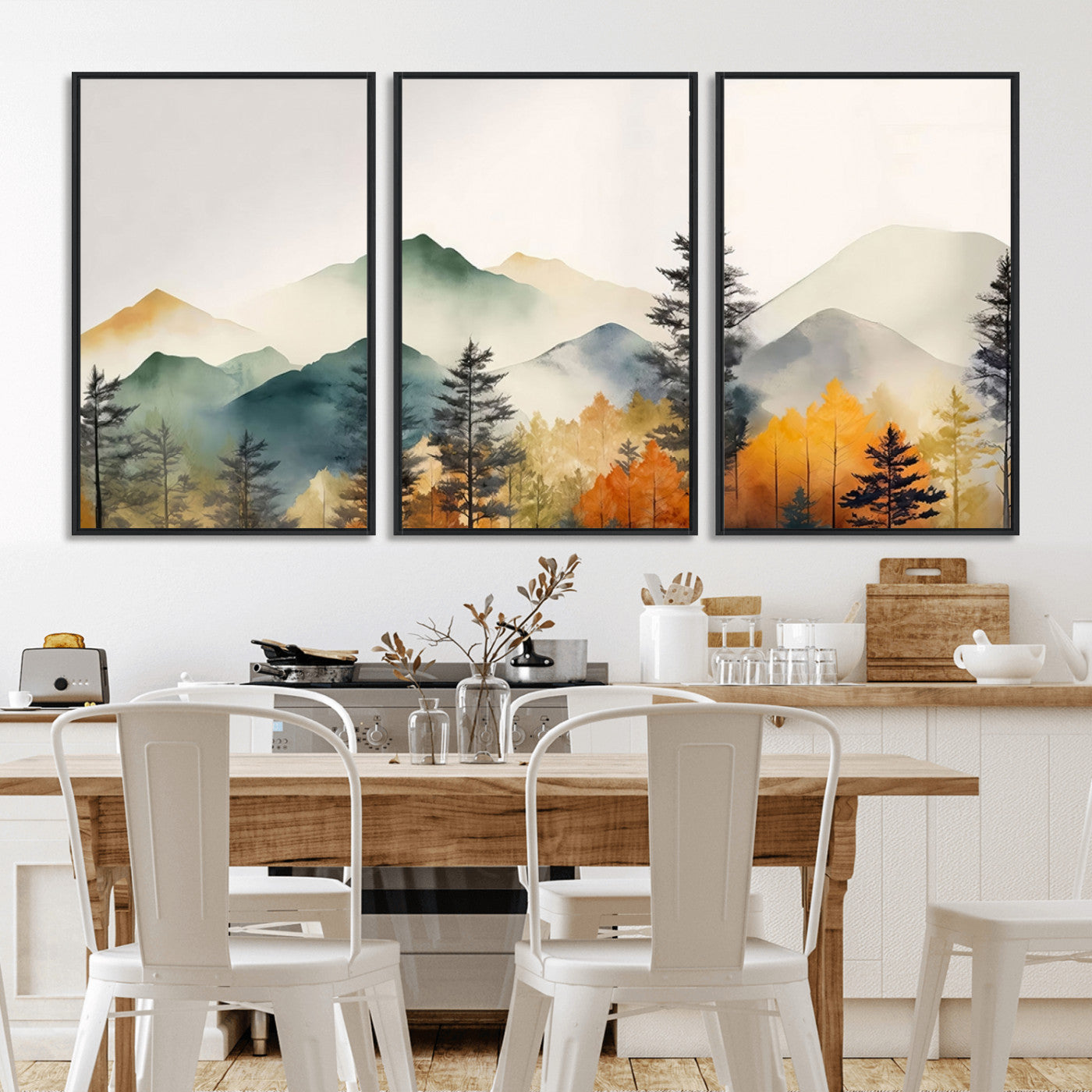 MGV-FC-60X30-3P - Abstract Watercolor Mountains and Trees Autumn Wall Art, Mountains and Trees Autumn Wall Art Canvas