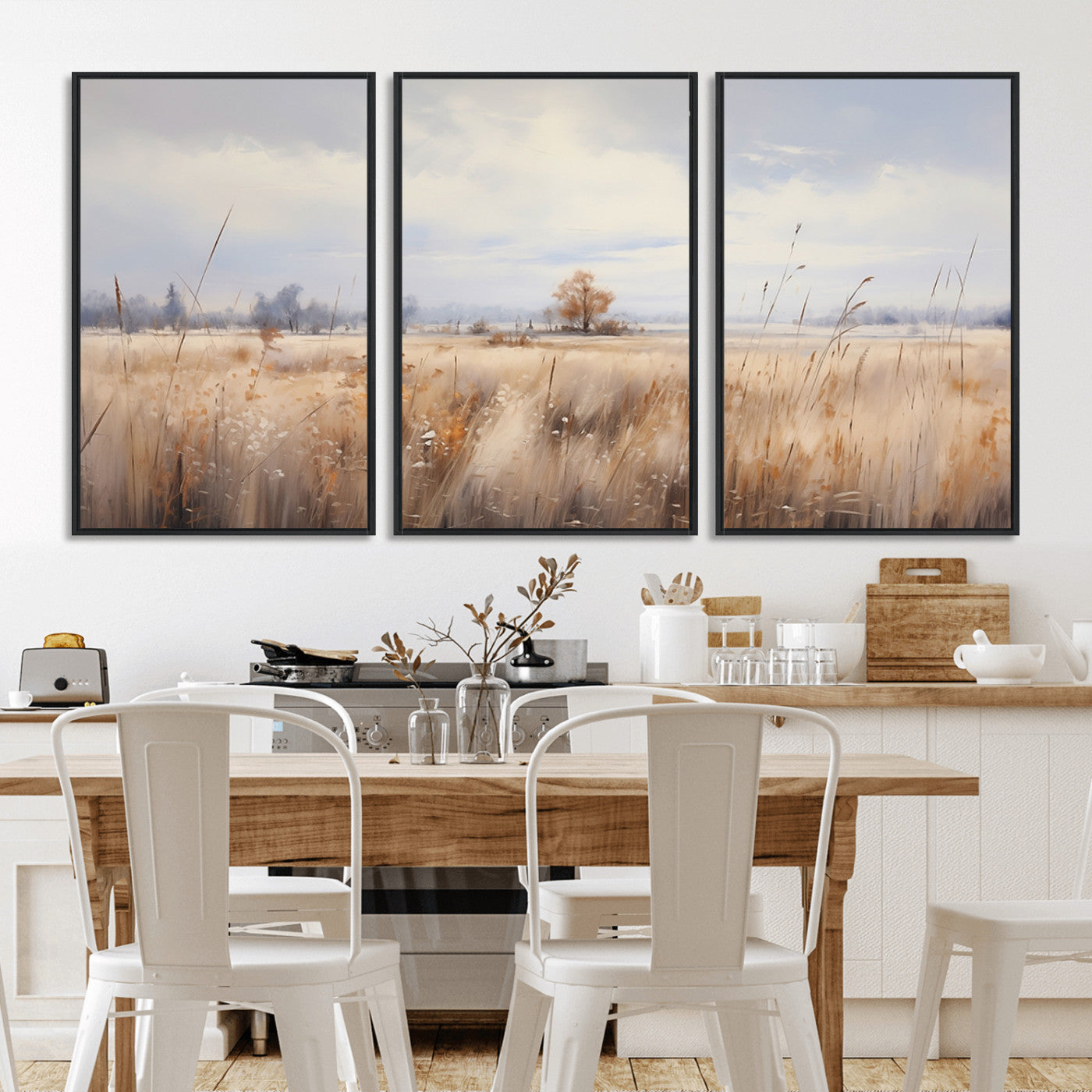 MGV-FC-60X30-3P - Golden Fields Canvas Wall Art Print – Serene Landscape of Nature’s Tranquility in Minimalist for Farmhouse Decor