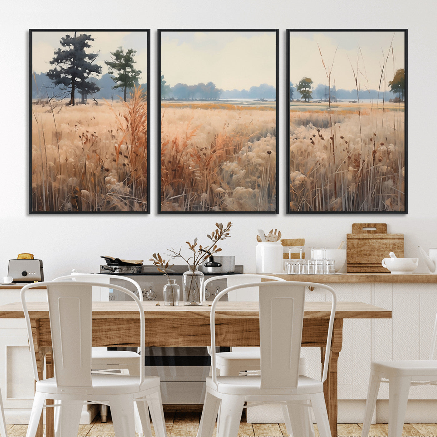 MGV-FC-60X30-3P - Golden Fields Canvas Wall Art Print – Serene Landscape of Nature’s Tranquility in Minimalist Modern Decor