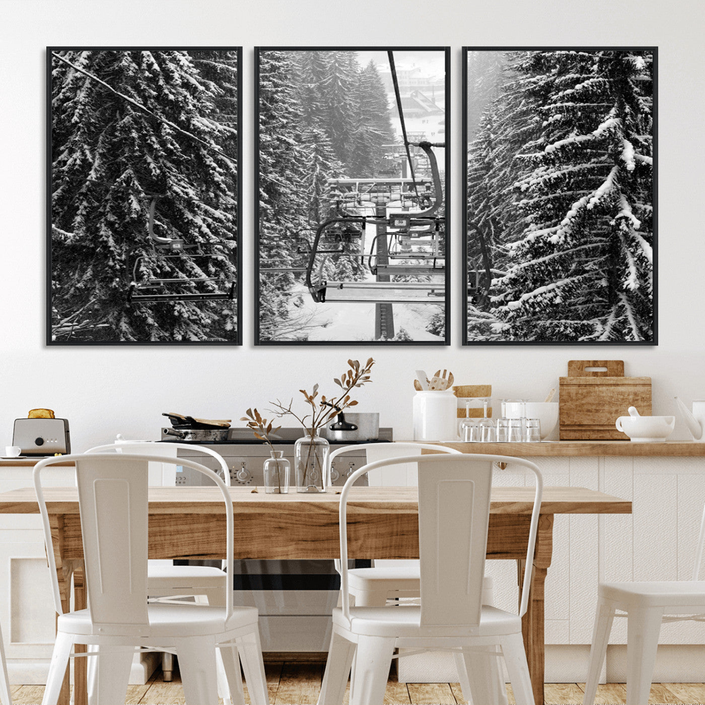 MGV-FC-60X30-3P - Winter Ski Lift Black and White Canvas Wall Art – Alpine Escape in Minimalist Style – Ready to Hang