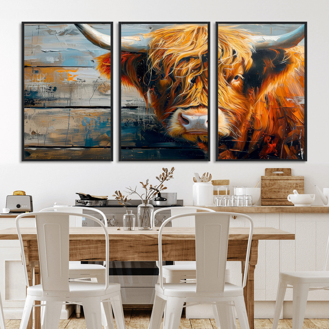 -Highland Cow Abstract Canvas Wall Art – Bold Farmhouse Rustic Decor – Ready to Hang