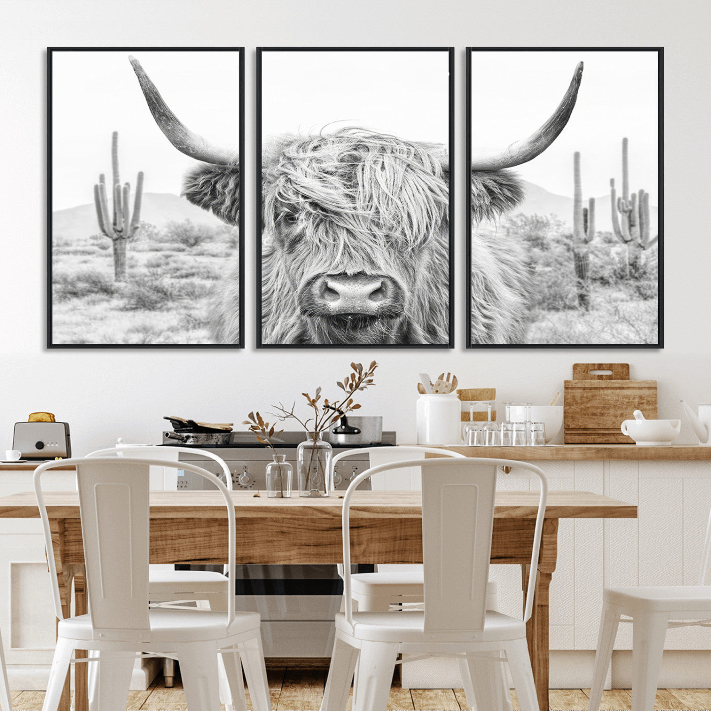 -Rustic Charm | Cow Longhorn Black White Bighorn Wall Art Canvas Print | Farmhouse Wall Art