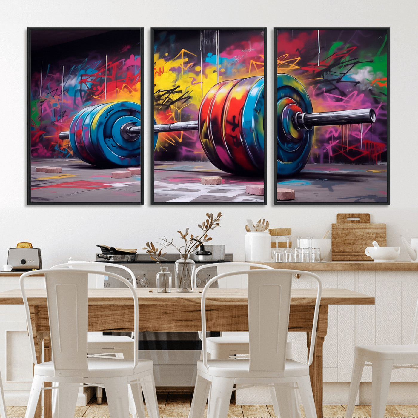 MGV-FC-60X30-3P - Abstract Graffiti Barbell Canvas Wall Art – Urban Fitness Meets Bold Street Art Print - Gym Wall Art Print