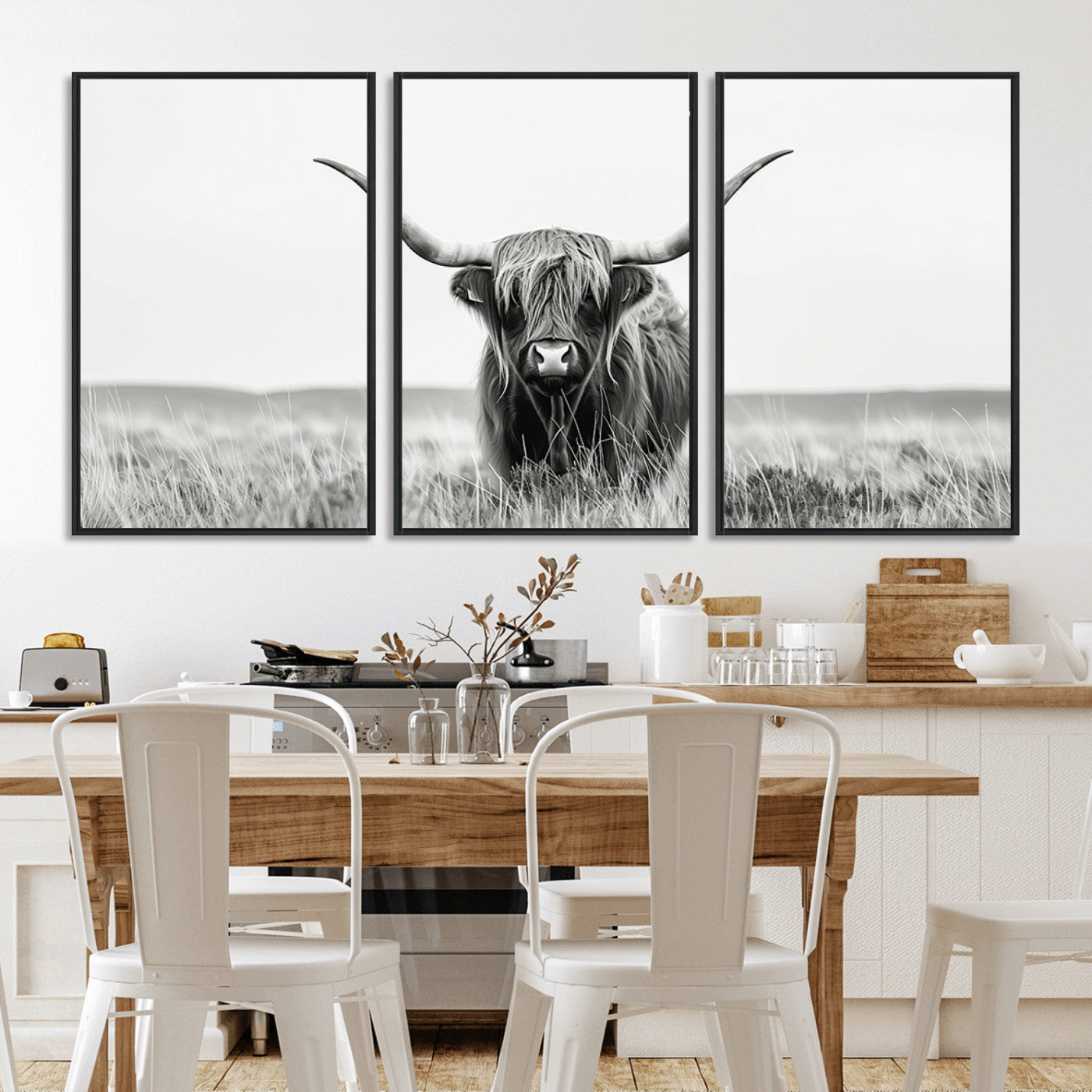 MGV-FC-60X30-3P - Highland Cow Canvas Wall Art – Majestic Beauty in Black and White – Ready to Hang