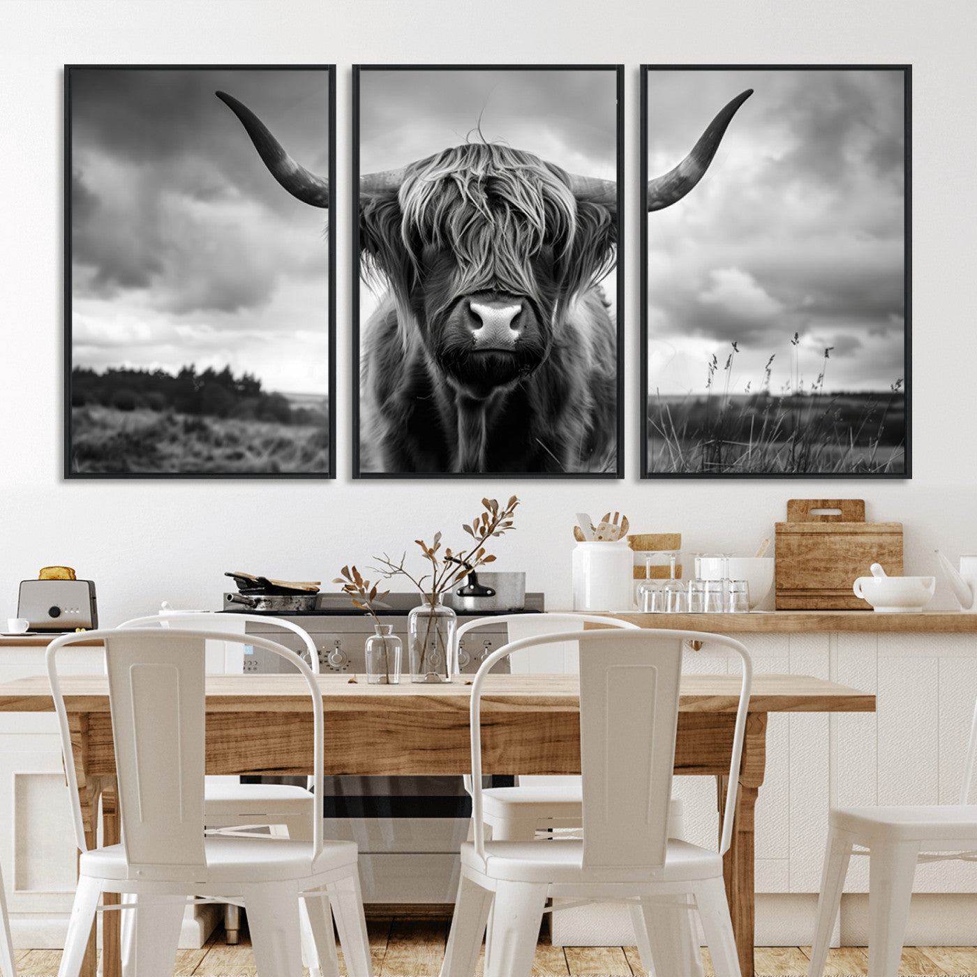 MGV-FC-60X30-3P - Scottish Cow Wall Art Canvas Print | Longhorn Wall Art | Bighorn Animal Wall Art