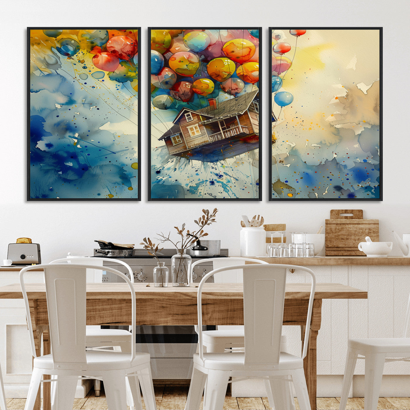 MGV-FC-60X30-3P - UP-Inspired Floating House with Balloons Canvas Art – Colorful 3-Panel Wall Decor for Living Room,