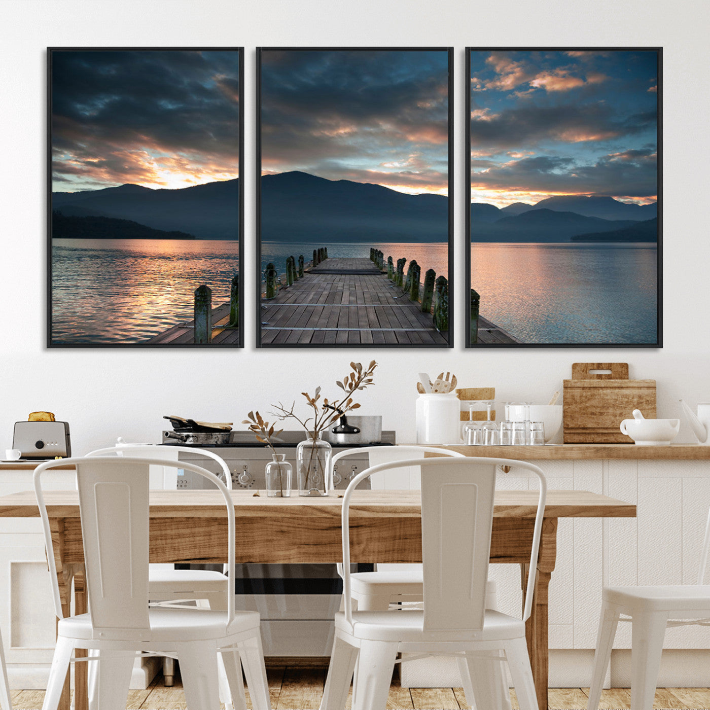 MGV-FC-60X30-3P - Mountain Lake Wood Pier Canvas Wall Art Nature Lake Print