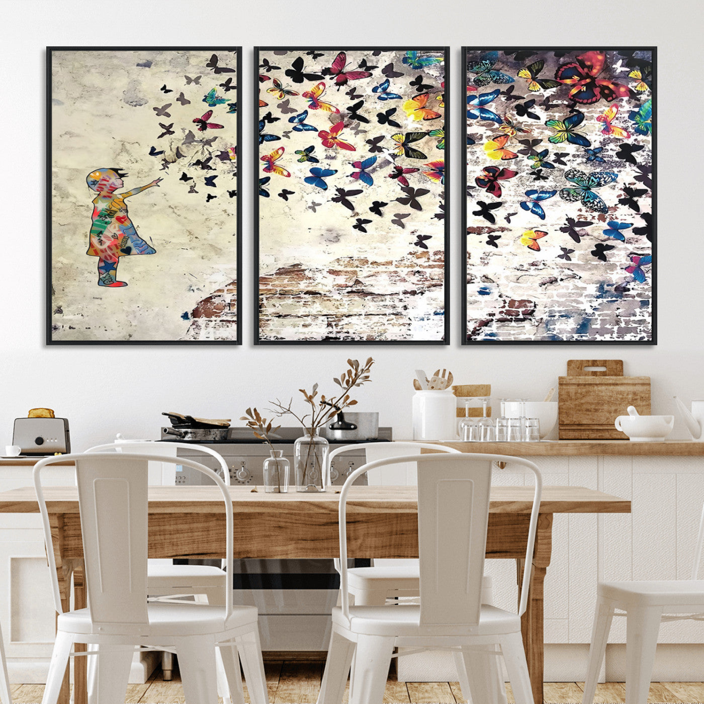 MGV-FC-60X30-3P - Banksy Wall Art - Banksy Girl Butterfly Graffiti Wall Art Canvas Print - Butterfly Girl and Freedom Flight - Vibrant Street Art Print