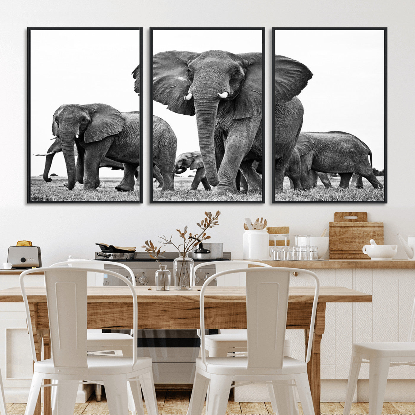 MGV-FC-60X30-3P - Black White Elephant Family Wall Art Canvas Print