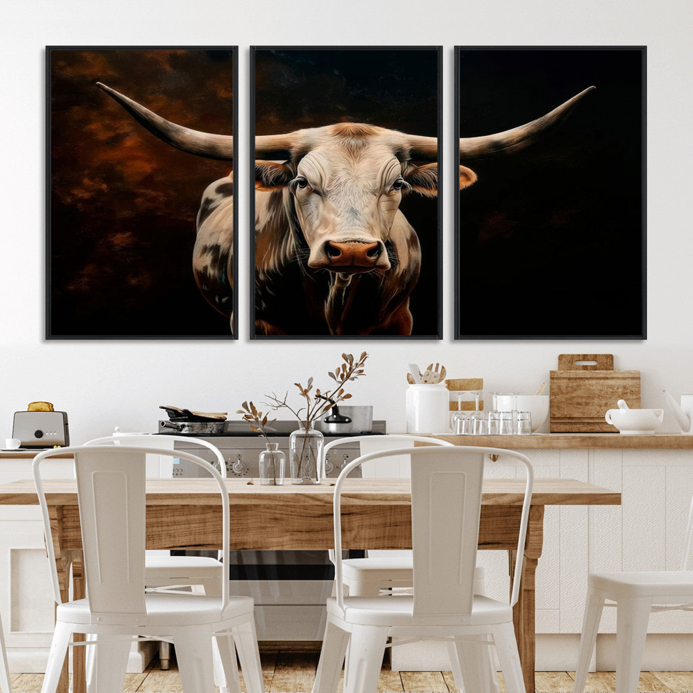 MGV-FC-60X30-3P - Texas Longhorn Wall Art | 3-Panel Large Texas Longhorn Canvas Print for Living Room, Office, or Farmhouse Decor | Framed Giclee Longhorn Wall Art