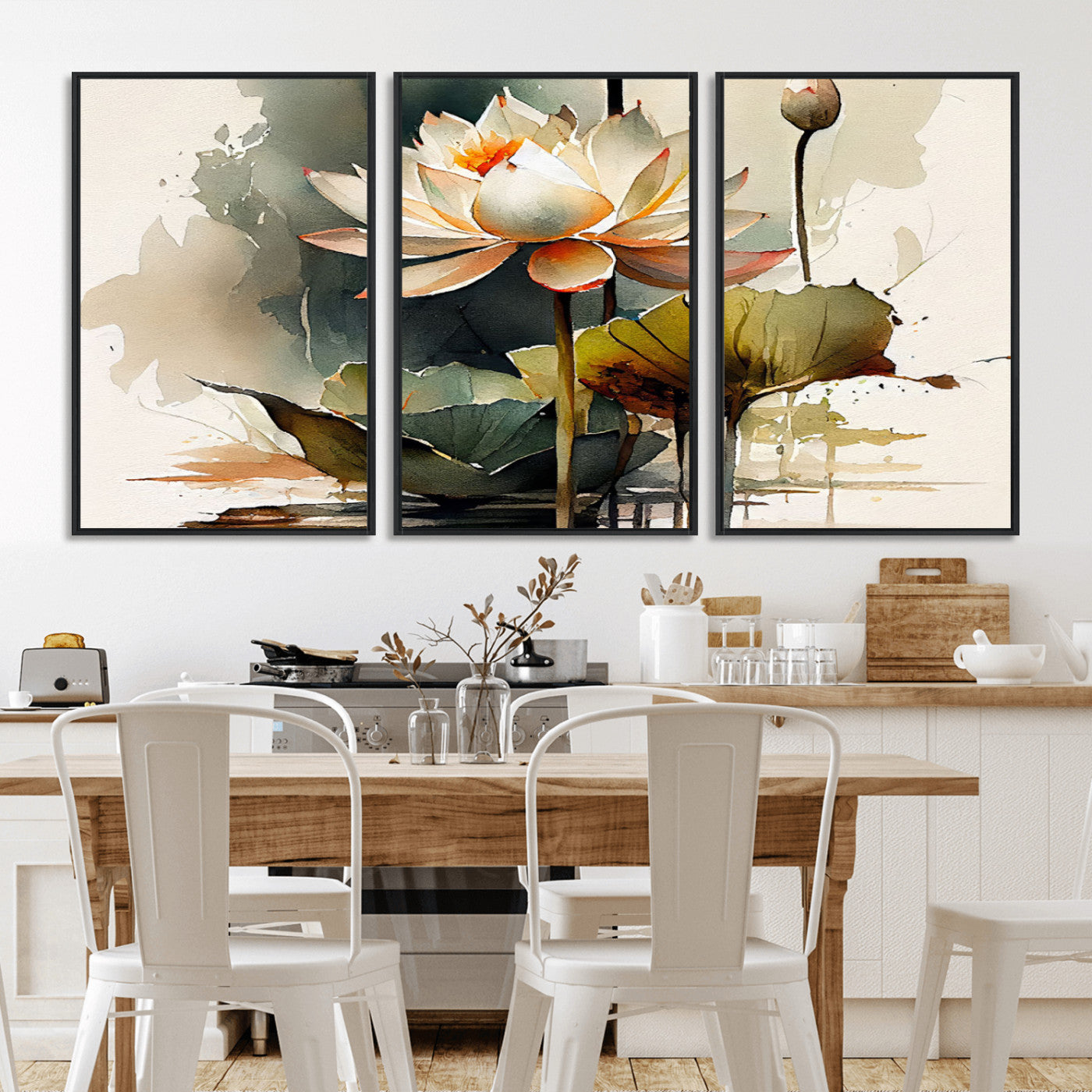 MGV-FC-60X30-3P - Lotus Flower Watercolor Canvas Print – A Symbol of Serenity and Growth, Captured in Soft Watercolors – Contemporary Wall Art for Tranquil Spaces