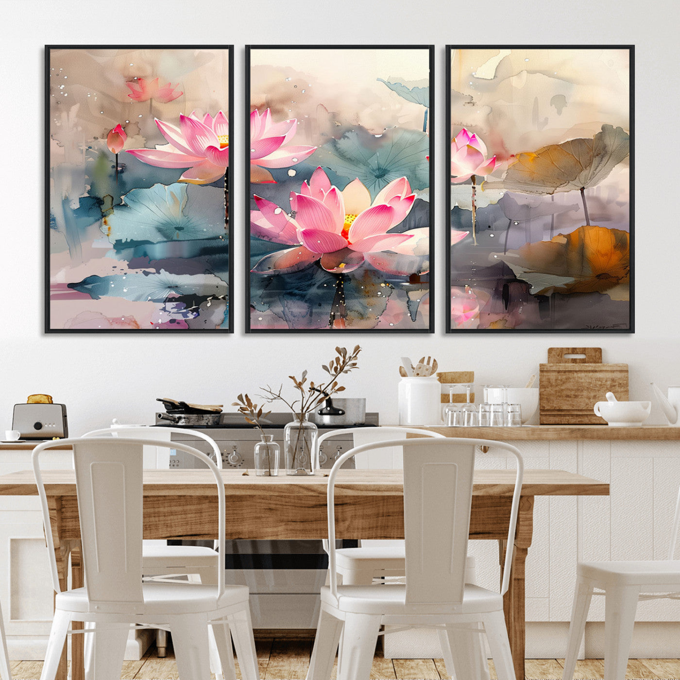 MGV-FC-60X30-3P - Lotus Flower Wall Art | 3-Panel Giclee Canvas Print of Pink Lotus Blossoms for Living Room, Bedroom, Office | Framed Lotus Floral Wall Art Decor Print