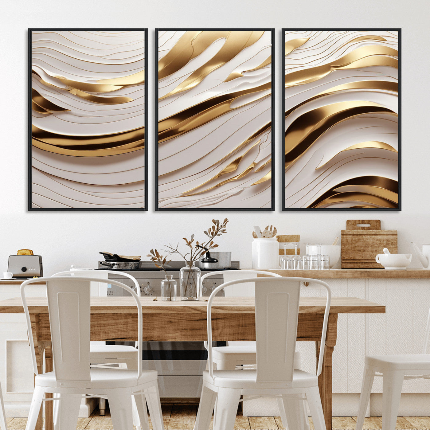 -Gold and White Abstract Wave Canvas – Elegant Flowing Design with Luxurious Golden Accents –