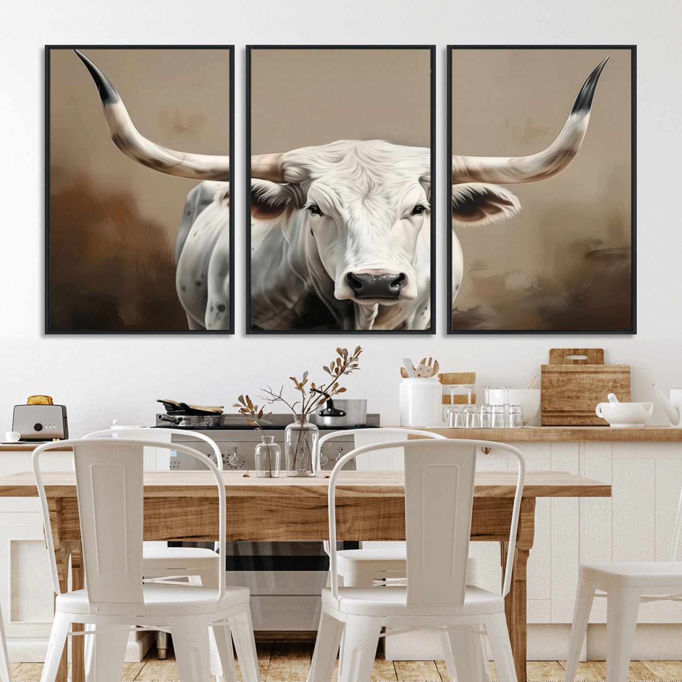 61423-MGV-FC-60X30-3P_Black-White Longhorn Bull Wall Art Canvas Print – Framed and Ready to Hang – Perfect for Farmhouse and