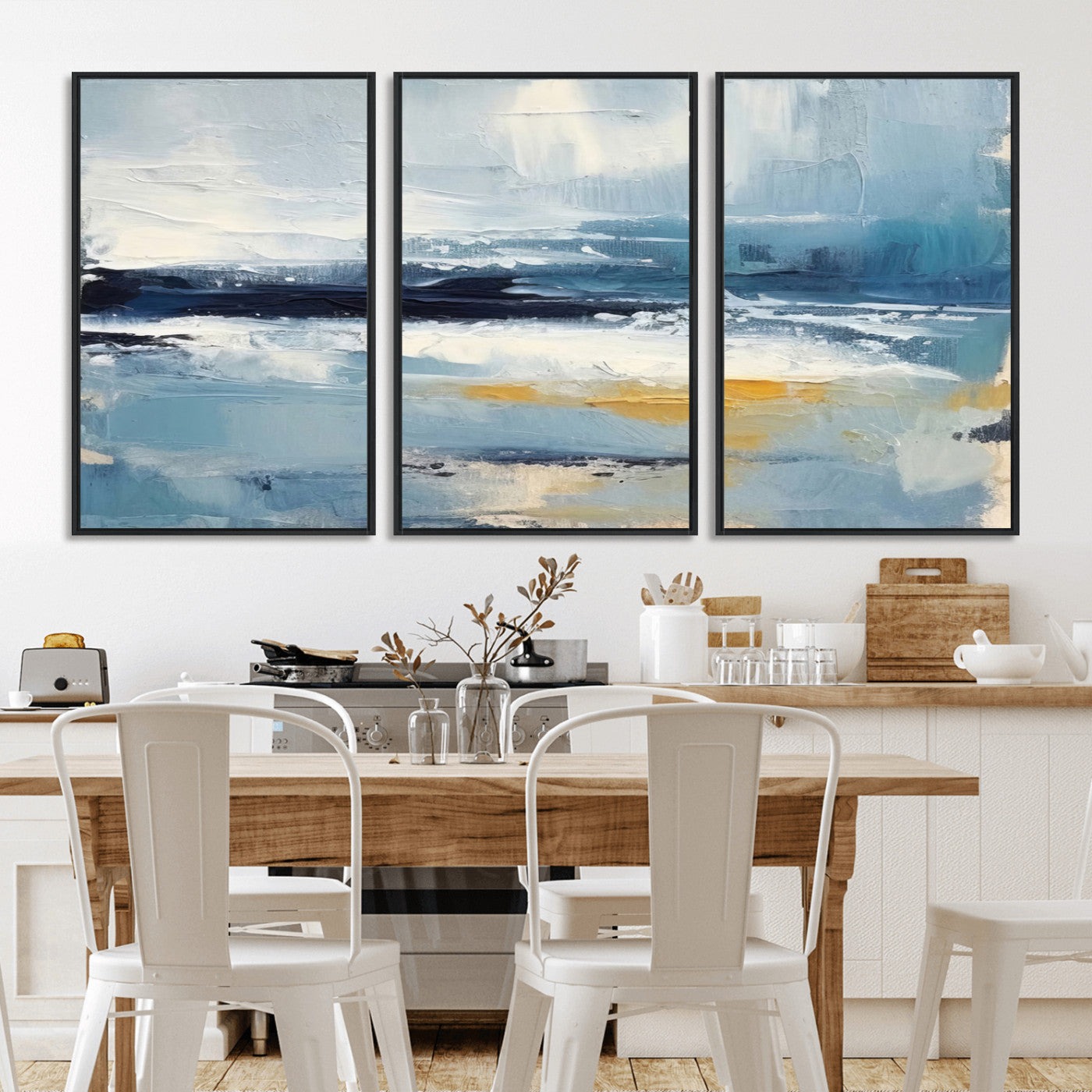 MGV-FC-60X30-3P - Abstract Ocean Canvas Wall Art - Coastal Blue and Gold Textured Painting, Modern Seascape Decor for Living Room Decor