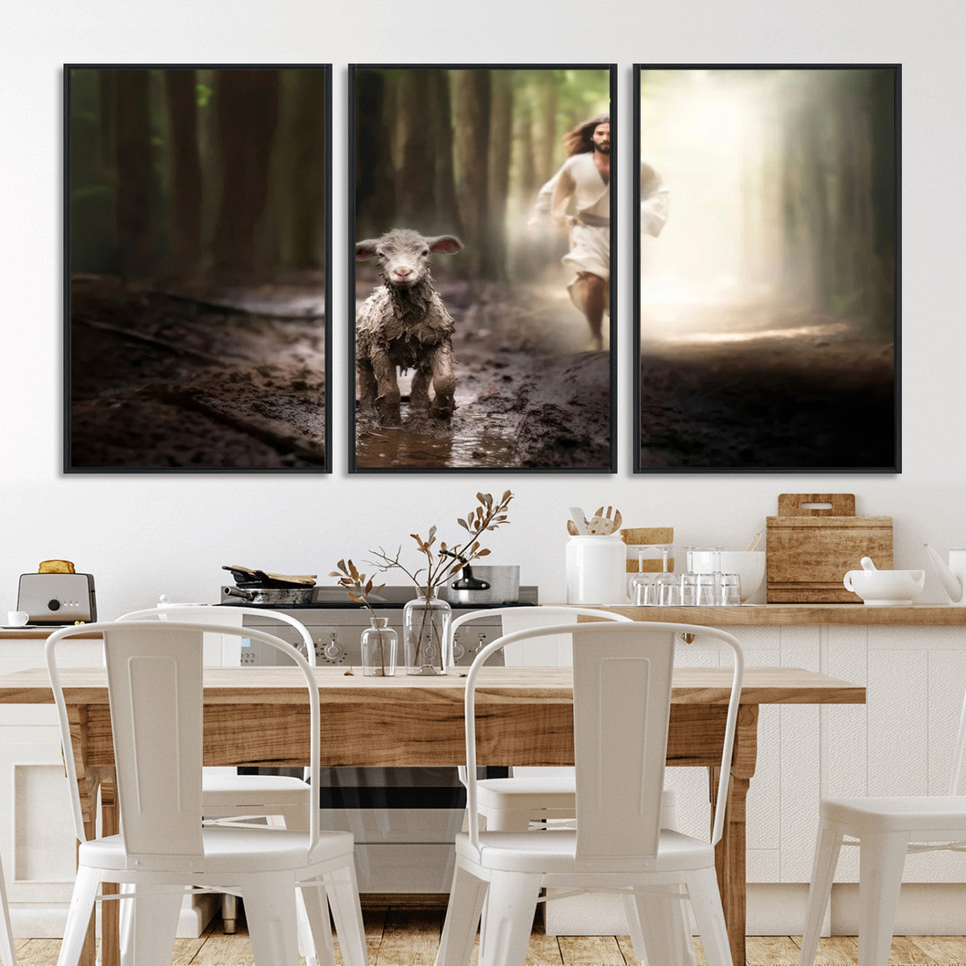 MGV-FC-60X30-3P - Jesus Canvas Wall Art - Jesus Running After Lost Lamb, Jesus, Christian Home Decor - Church Wall Art