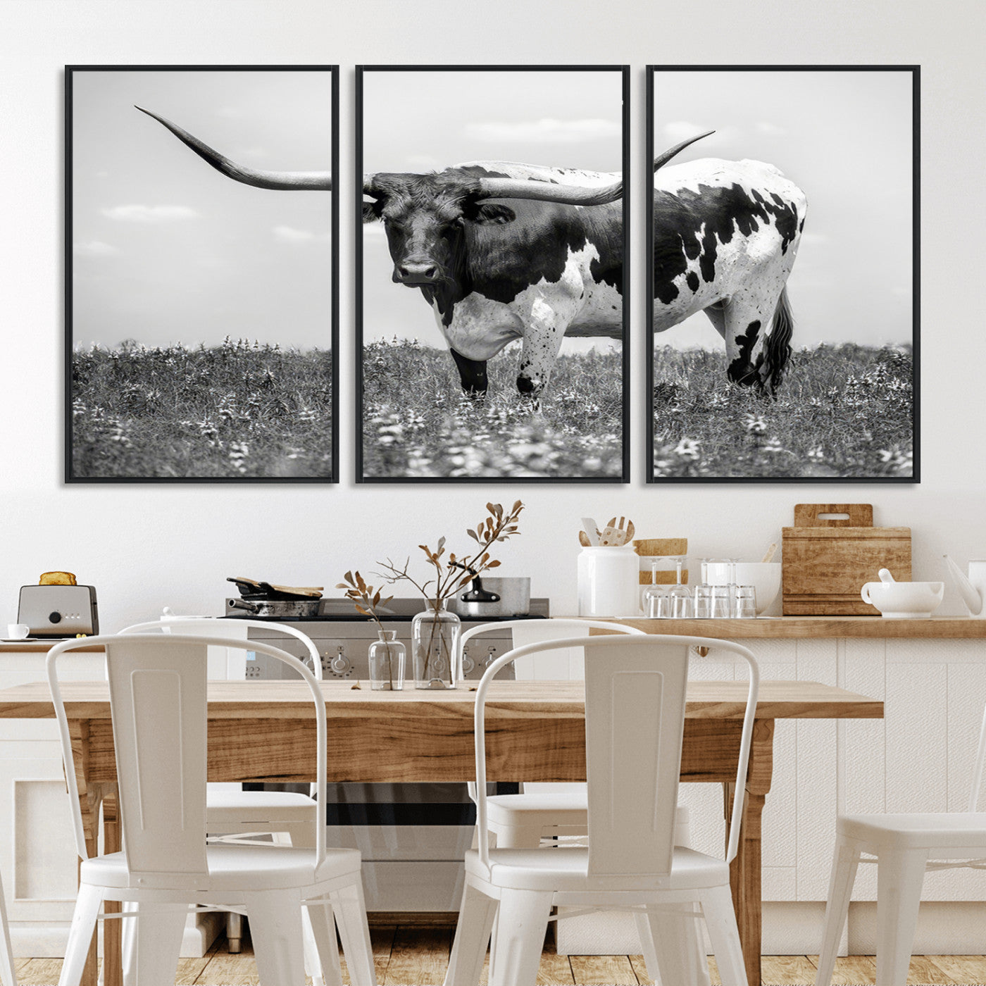 -Texas Black White Highland Longhorn Cow Wall Art Canvas Print