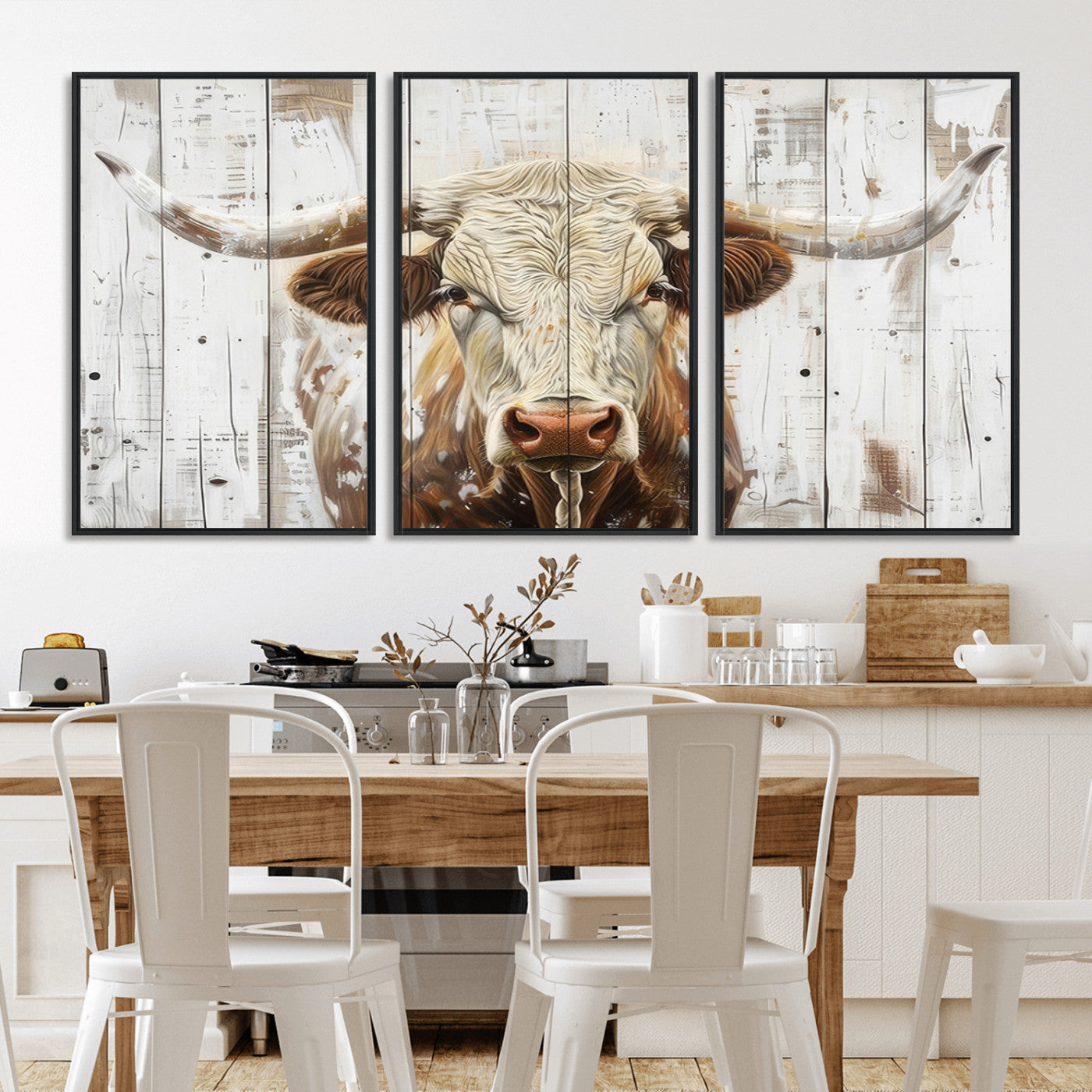 -Rustic Longhorn Bull Wall Art Canvas Set – Western-Inspired Farmhouse Décor - Ready to Hang