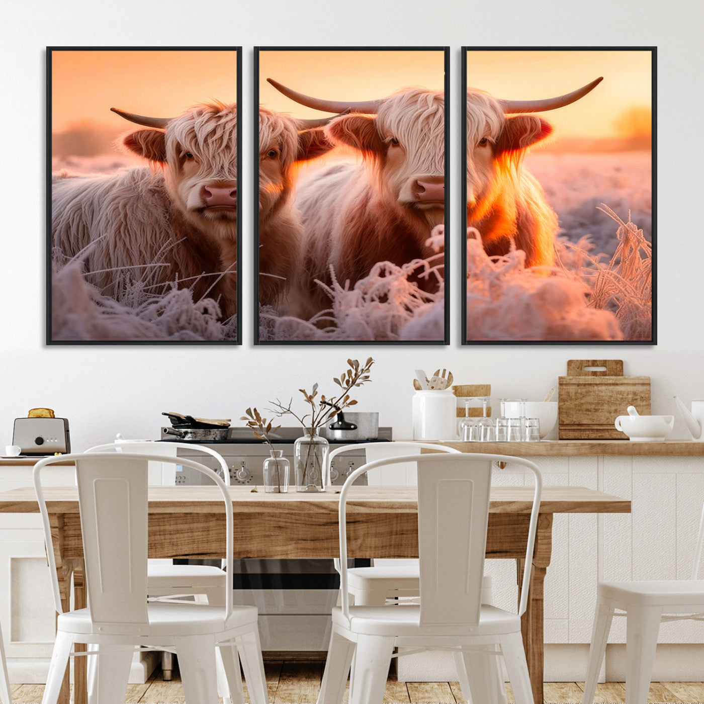 -Highland Cows at Sunrise Wall Art Canvas Set – Serene and Rustic Farmhouse Decor