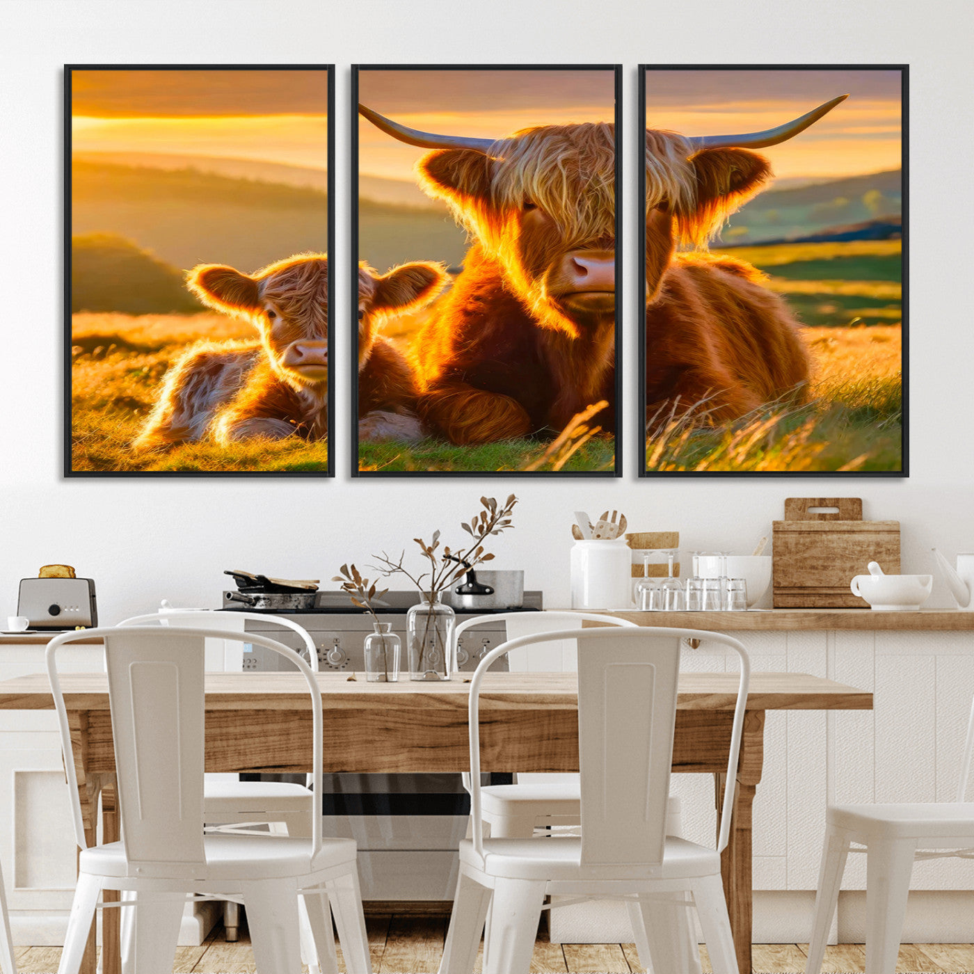 -Scottish Cow and Baby Cow Canvas Wall Art Animal Print Fluffy Cattle Framed Farmhouse Decor