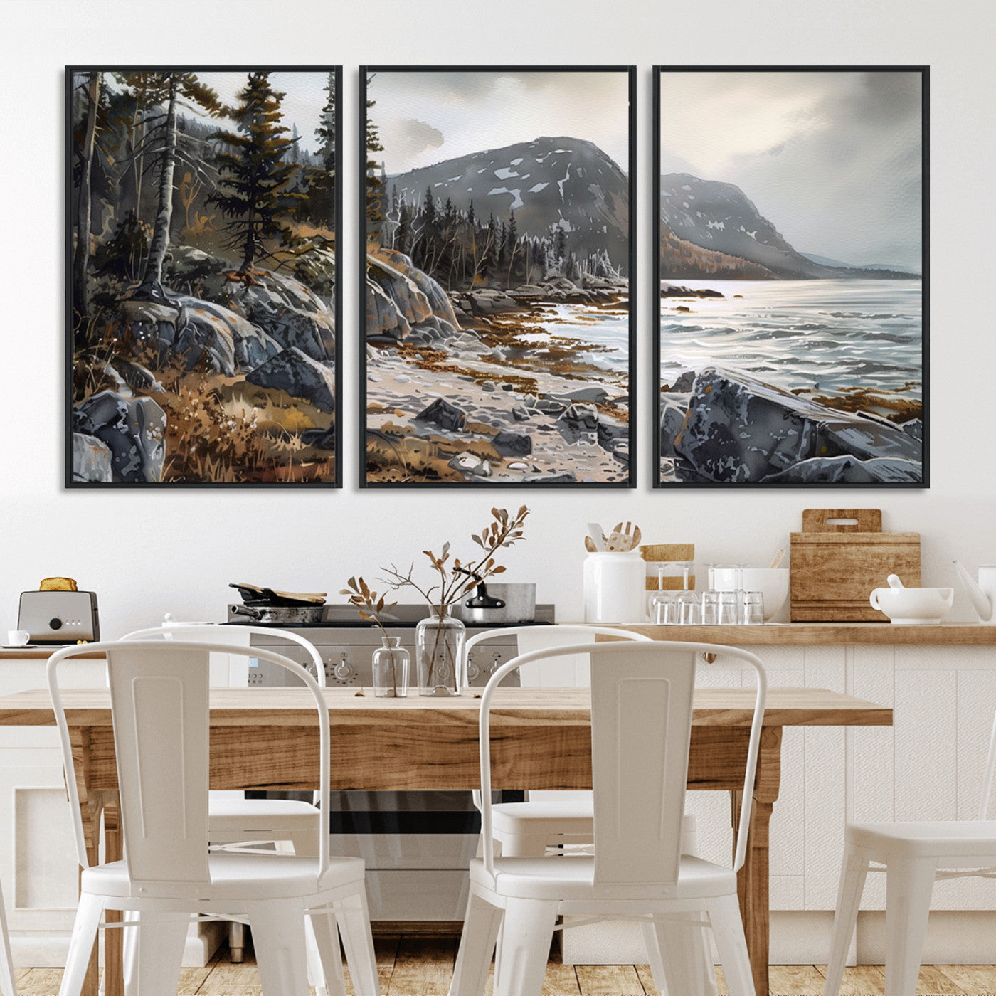 -Serene Coastal View of Acadia National Park - Stunning 3-Panel Wall Art Canvas Print, Framed, Ready