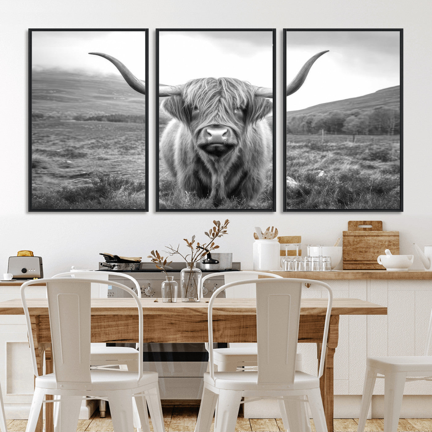 MGV-FC-60X30-3P - Black White Scottish Highland Cow Canvas Farm Wall Art Canvas Print