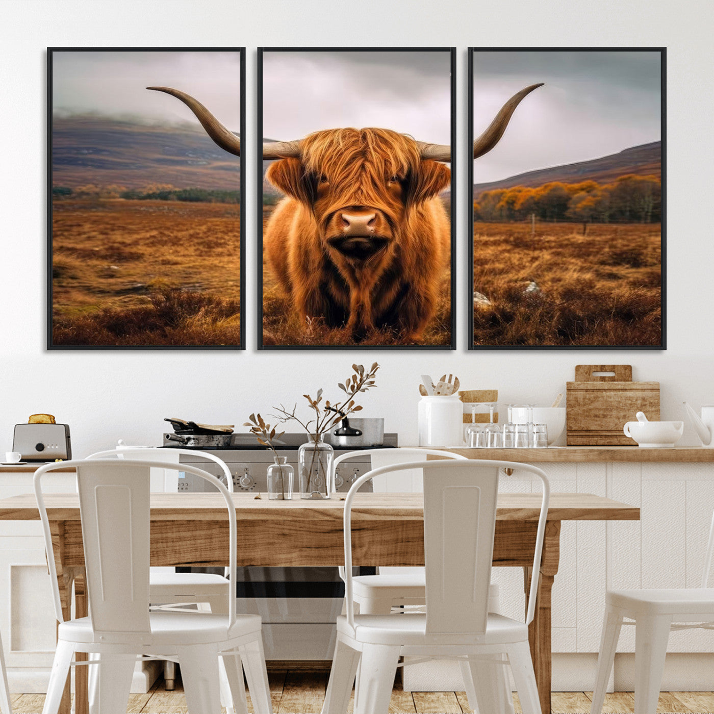 65529-MGV-FC-60X30-3P_Black-Highland Cow Longhorn Wall Art – Rustic Canvas Print, Framed and Ready to Hang for Farmhouse Décor