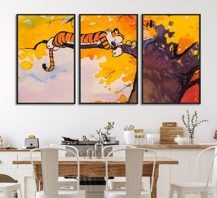 Premium canvas Calvin Wall Arts featuring a boy and tiger relaxing on a branch.