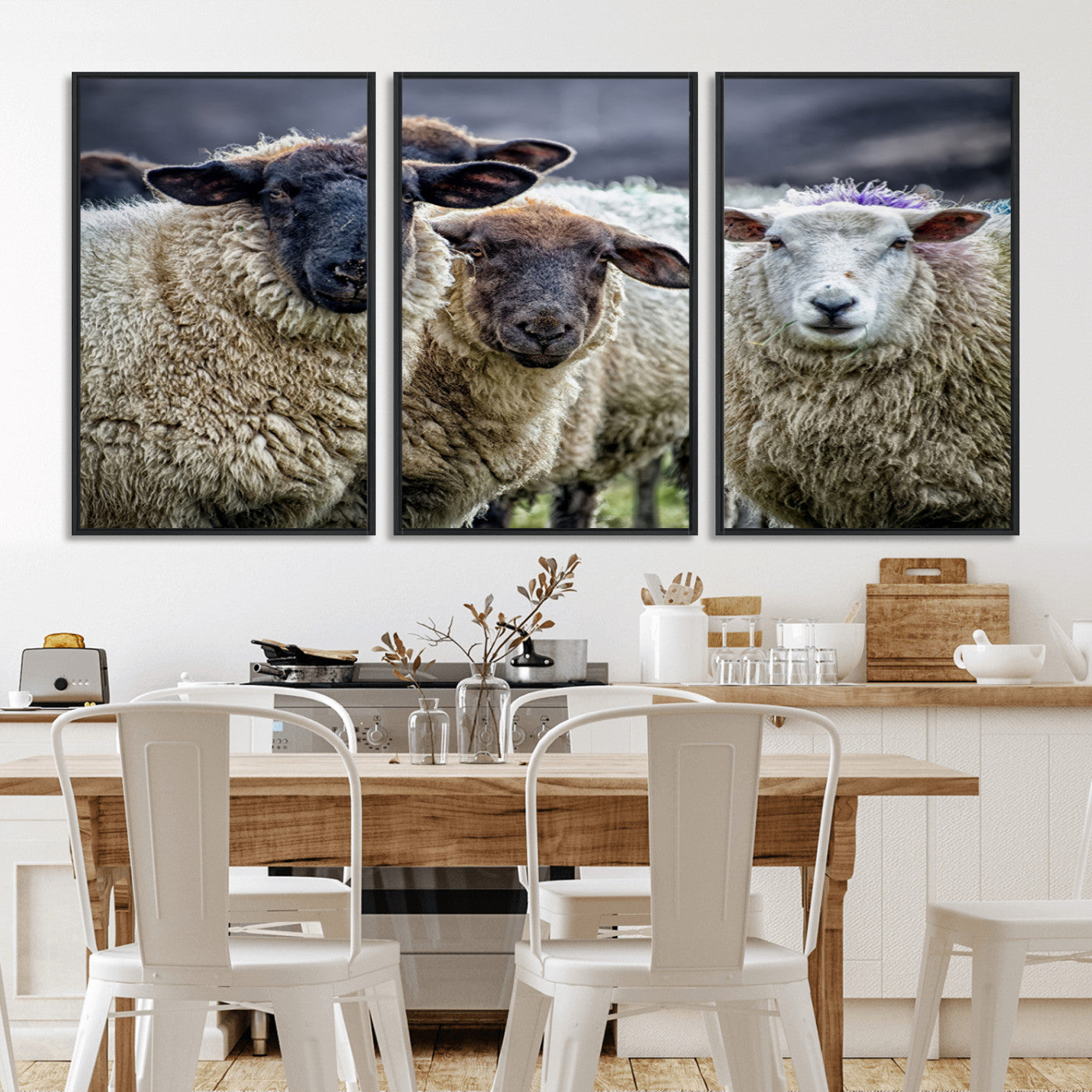 -Charming Sheep Portrait Wall Art – Trio of Woolly Companions Canvas Print, Framed, Ready to Hang