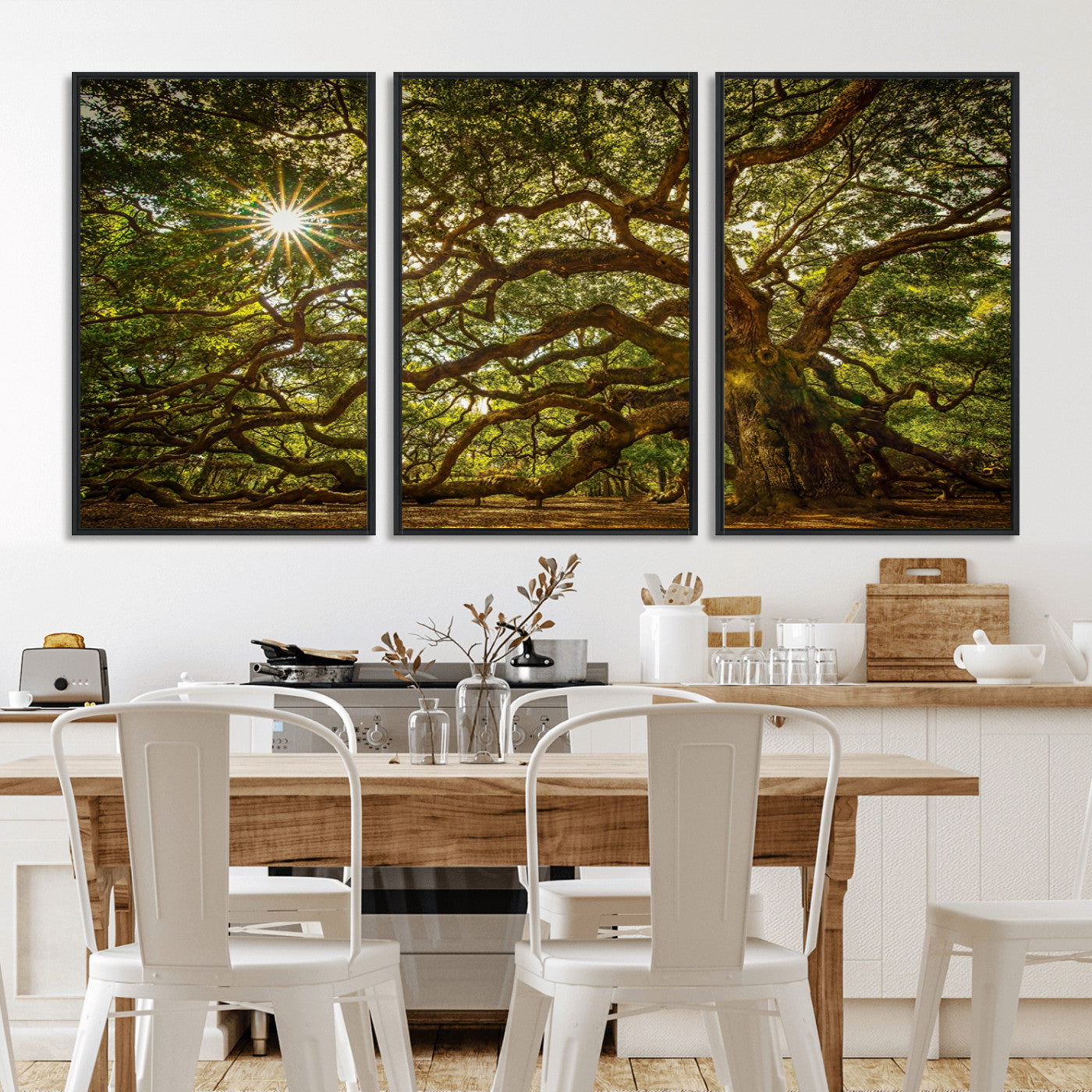 MGV-FC-60X30-3P - Ancient Angel Oak Tree Art Sunburst Canvas Print- Nature-Inspired Triptych Canvas Print, Framed, Ready to Hang