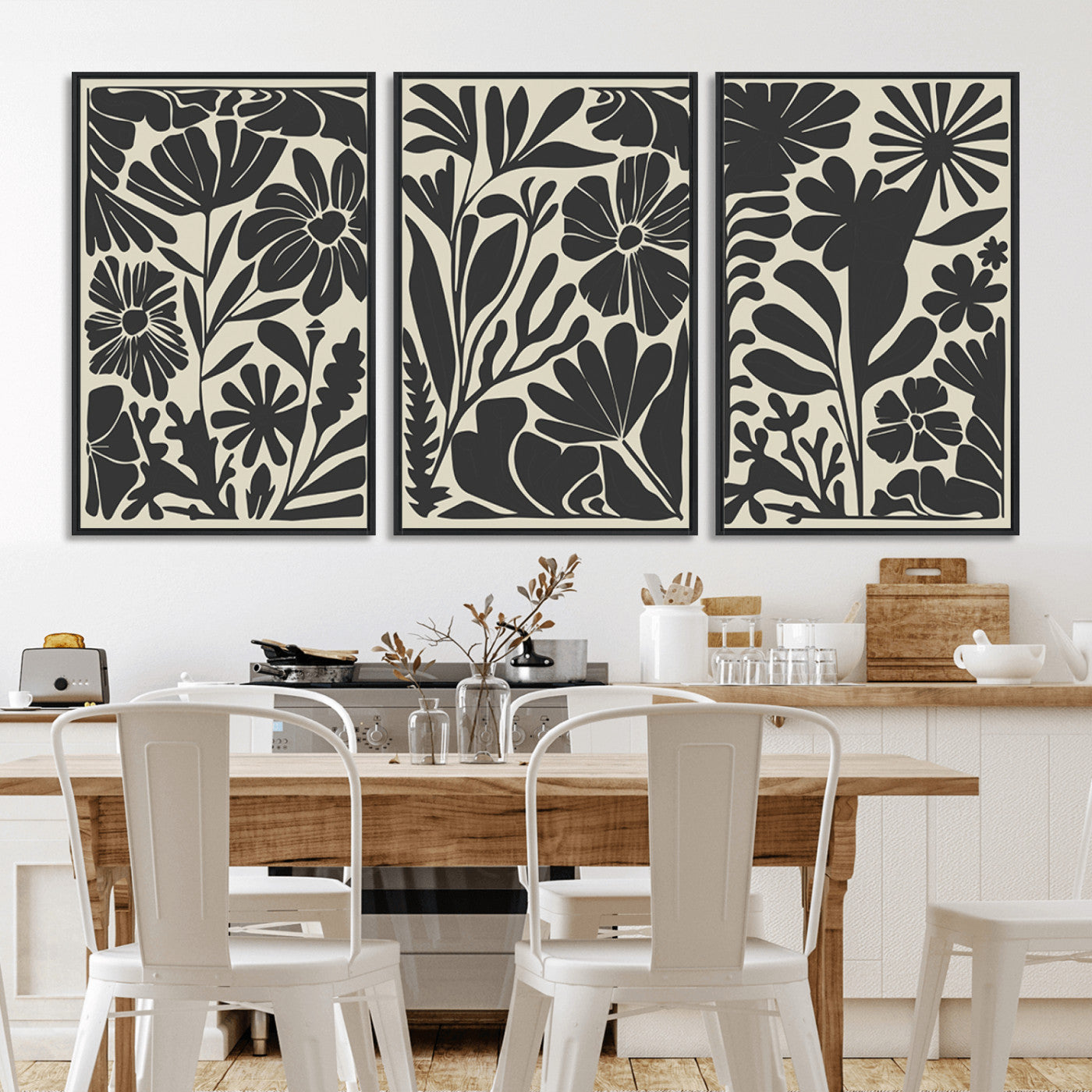 MGV-FC-60X30-3P - Modern Botanical Wall Art - Floral Black and White Canvas Print, Framed, Ready to Hang