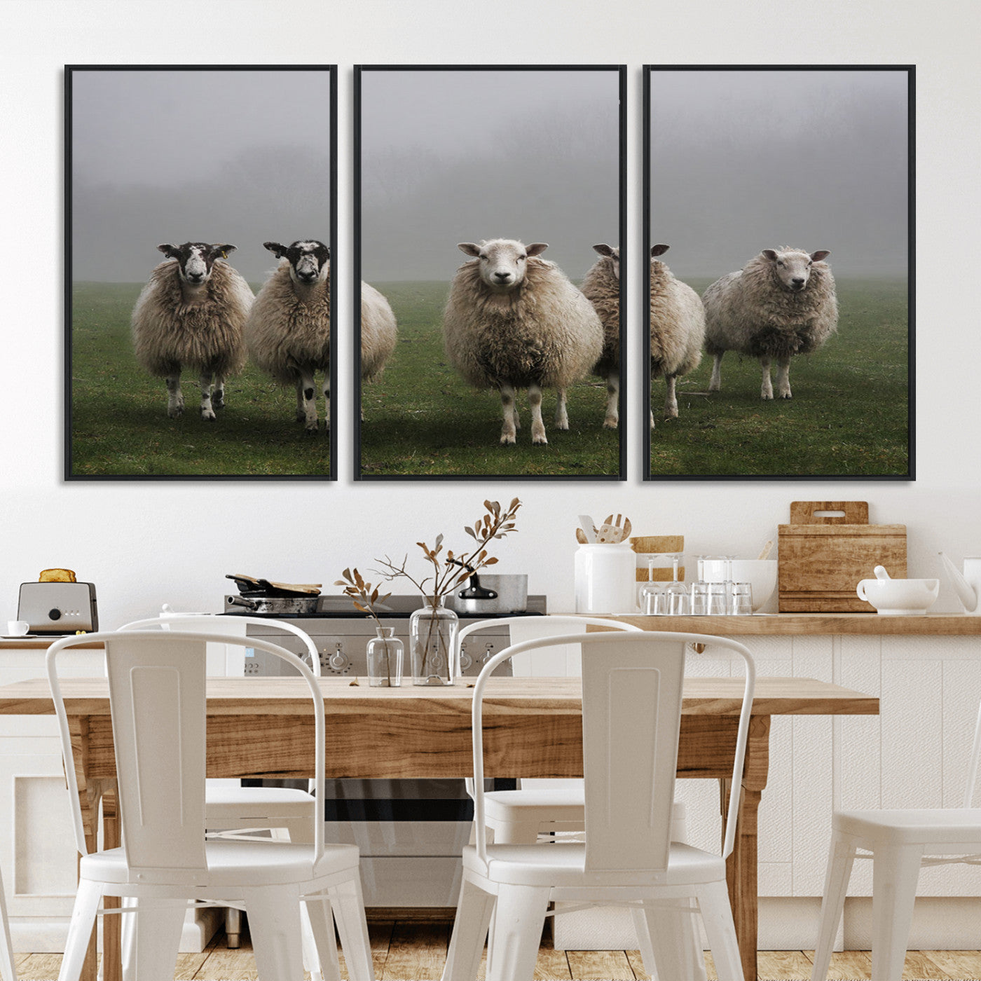 87339-MGV-FC-60X30-3P_Black-Flock of Sheep in a Mystical Fog – Pastoral Wall Art Canvas Print, Framed, Ready to Hang