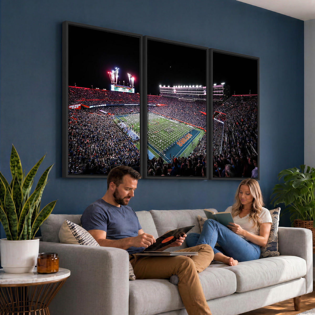 46899-MGV-CV-24X16 - Ben Hill Griffin Stadium Night Game Triple Canvas Wall Art, Florida Gators Football