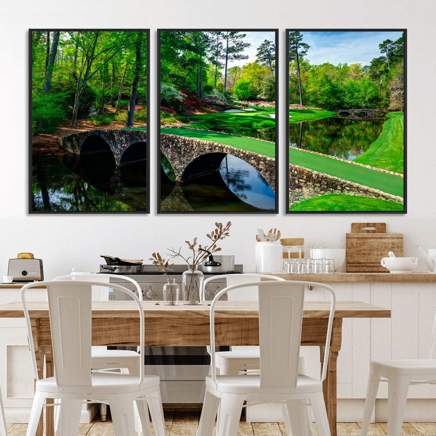 MGV-FC-60X30-3P - Augusta National Golf Club Wall Art - Panoramic Bridge & Lush Greenery – Premium Framed, Ready-to-Hang Triptych Canvas