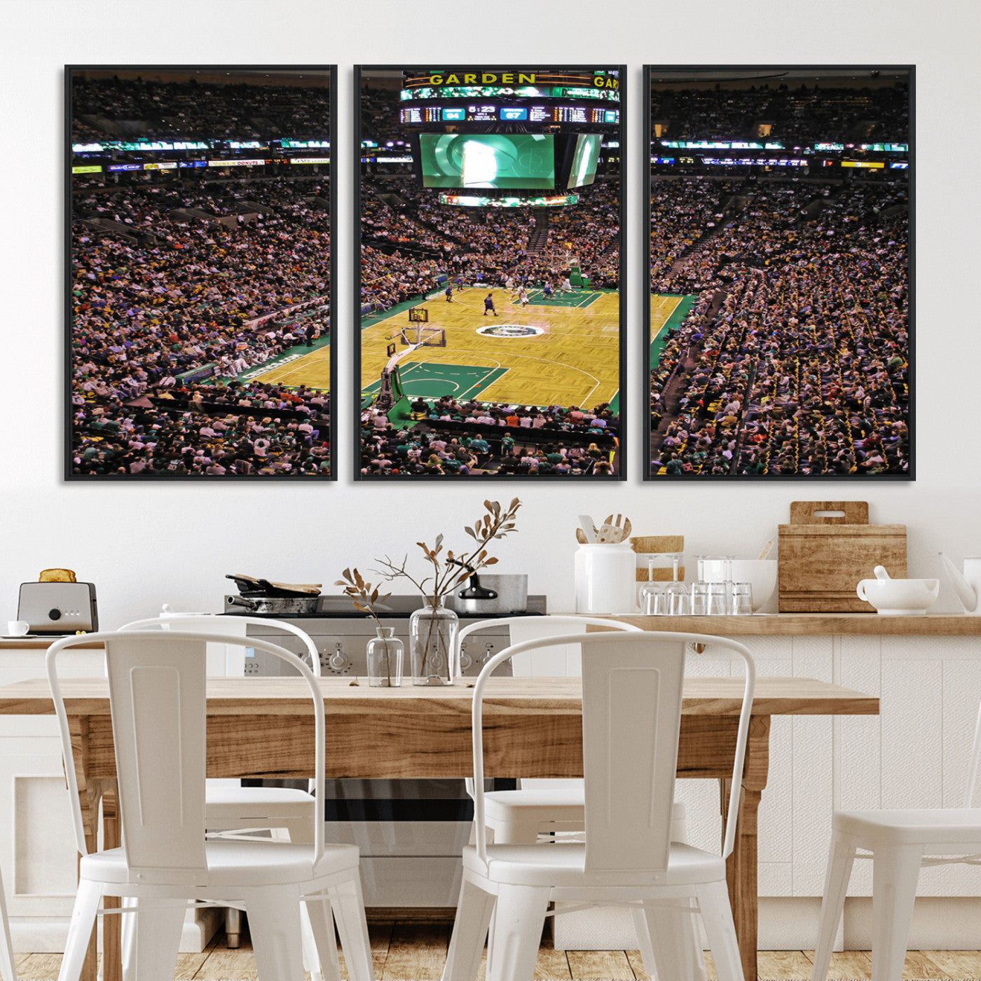 MGV-FC-60X30-3P - TD Garden Basketball Game Triple Canvas Wall Art - Boston Celtics Live Action - Framed - Ready to Hang