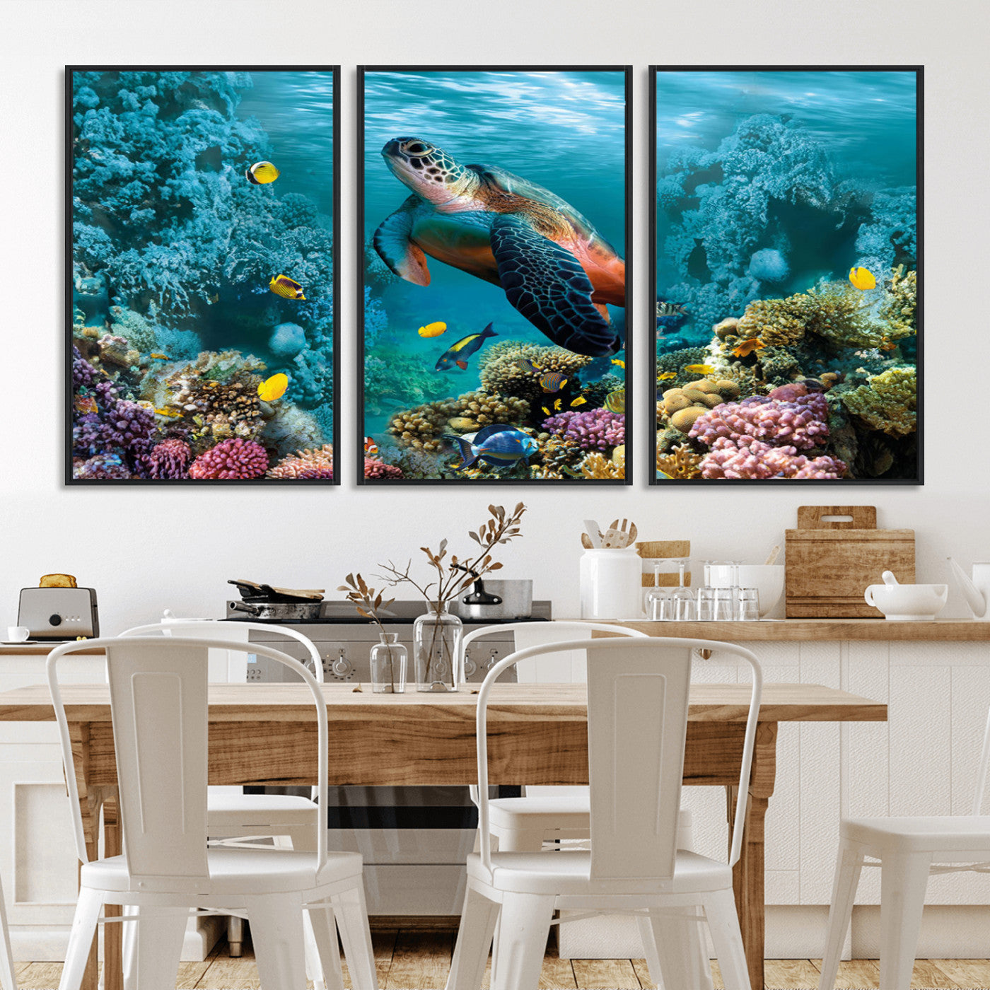 MGV-FC-60X30-3P - Sea Turtle and Coral Reef Triptych Wall Art – Vibrant Underwater Scene Canvas Set for Ocean Lovers and Coastal Decor – Ready to Hang 3-Panel Artwork